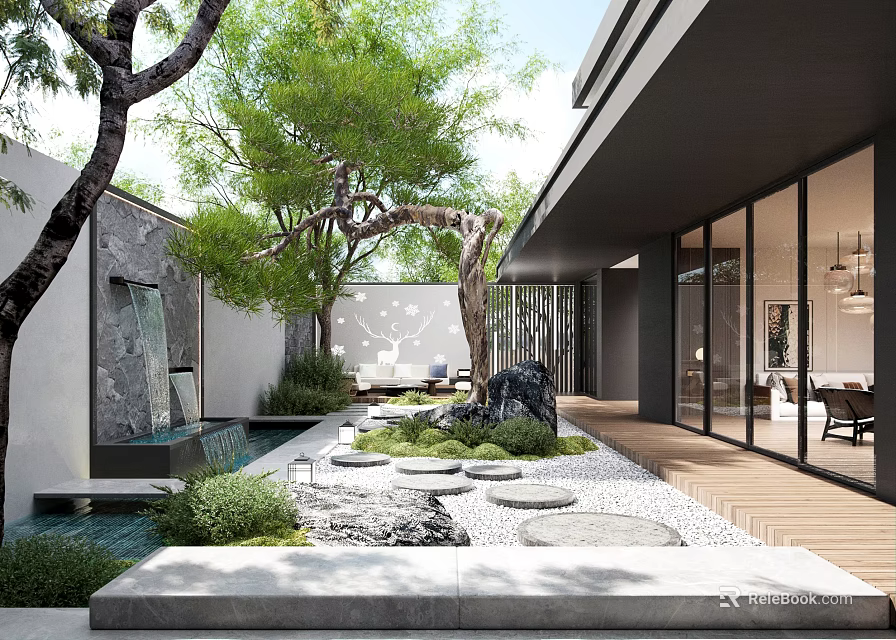Modern Courtyard Feature Wall With Water Pond Stones Greenery Glass Doors And Wooden Flooring 3d model 