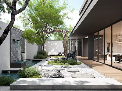 Modern Courtyard Feature Wall With Water Pond Stones Greenery Glass Doors And Wooden Flooring 3d model