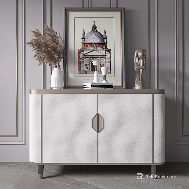 Modern White Entryway Console Table With Metal Frame Hexagonal Handle And Decorative Vase Sculpture 3d model 