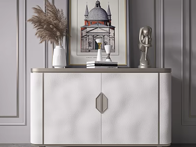 Modern White Entryway Console Table With Metal Frame Hexagonal Handle And Decorative Vase Sculpture 3d model