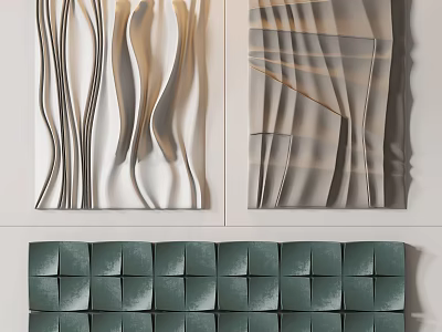Modern Abstract Wall Decor With Wavy Lines And Geometric Patterns In Green Gray White 3d model