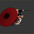 Female Character In Traditional Outfit Holding Red Umbrella With Three Swords Behind Back