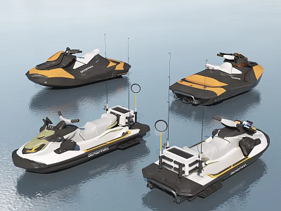 Modern Stylish Yacht And Jet Ski Designs On Calm Water 3d model