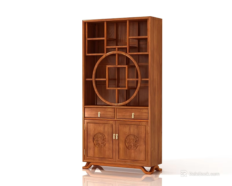 Traditional Chinese Wooden Wine Cabinet With Circular Decor Drawers And Carved Doors 3d model 