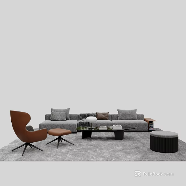 Modern Gray Sofa And Coffee Table Set With Accent Chair Ottoman And Area Rug 3d model 