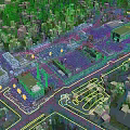 Urban Aerial Planning Night View with Green Roof Buildings Road Network and Public Spaces