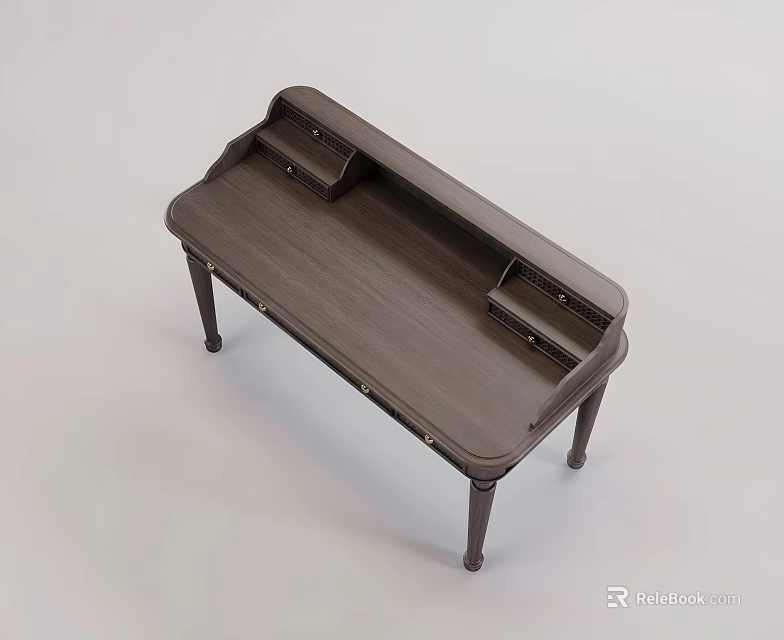Dark Brown Wooden Dressing Table with Drawers and Side Storage Compartments 3d model 