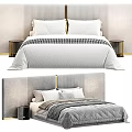 Modern Double Bed With Upholstered Headboard Decorative Pillows Striped Bed Runner And Gold Accents