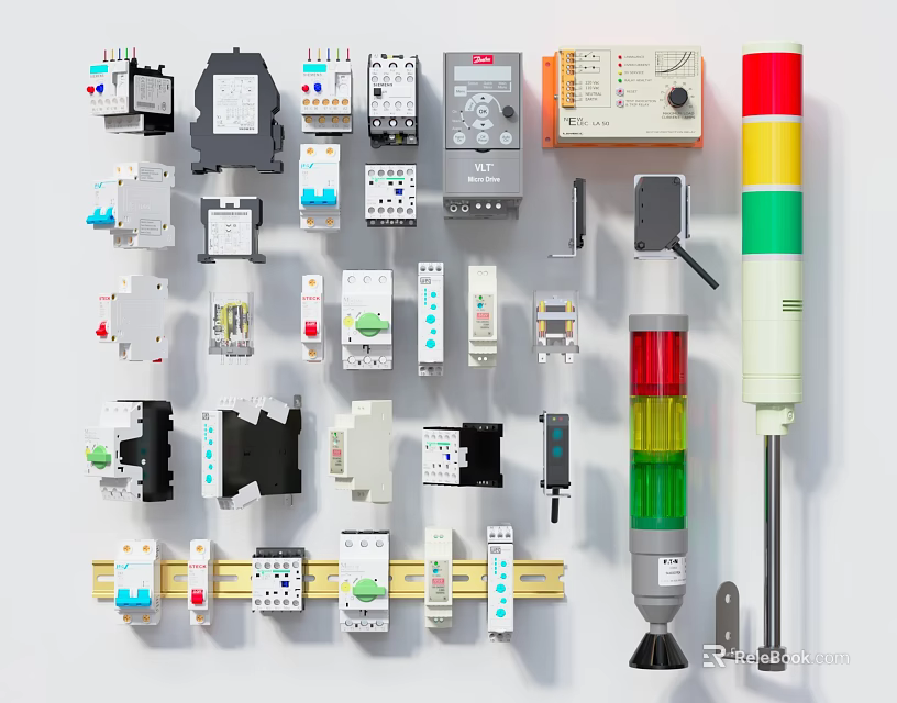 Industrial Control Components Collection Including Circuit Breakers Signal Towers And Modules 3d model