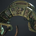 Vintage Mechanical Cockpit Seat With Dashboard Steering Wheel Red Cushion And Green Frame