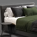 Modern Double Bed With Green Gray Bedding White Sheets And Black Headboard 3d model