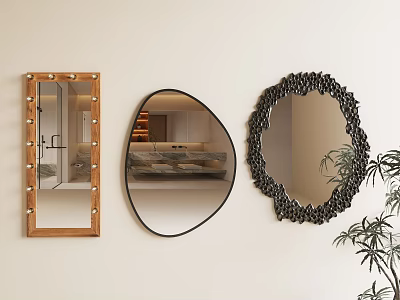 Decorative Wall Mirrors With Wooden Frame LED Lights Irregular Shape And Bamboo Plant 3d model