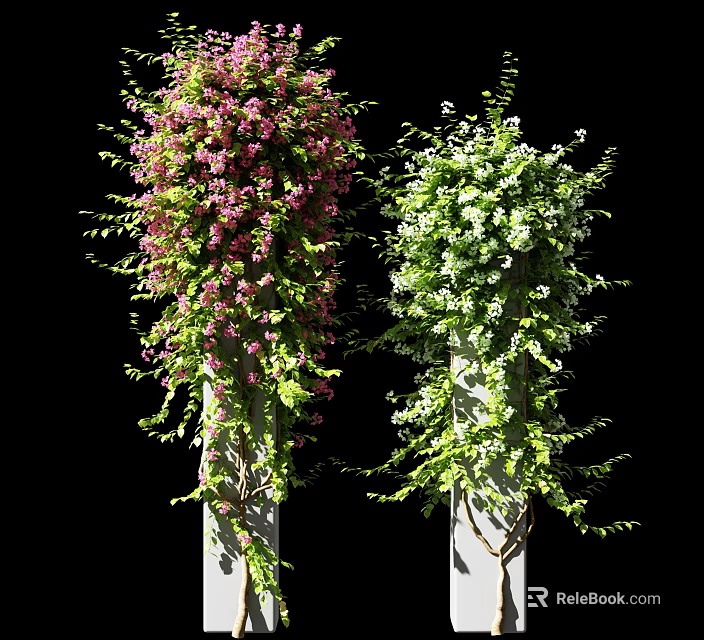 Lush Vines With Pink And Green Flowers Growing On Decorative Pillars 3d model 