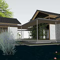 Boutique Hotel Building With Wooden Roof White Brick Walls Large Glass Windows And Green Lawn
