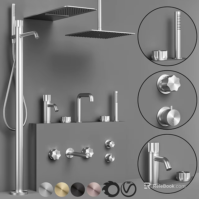 Modern Chrome Bathroom Faucets with Various Styles and Shower Head Accessories 3d model 