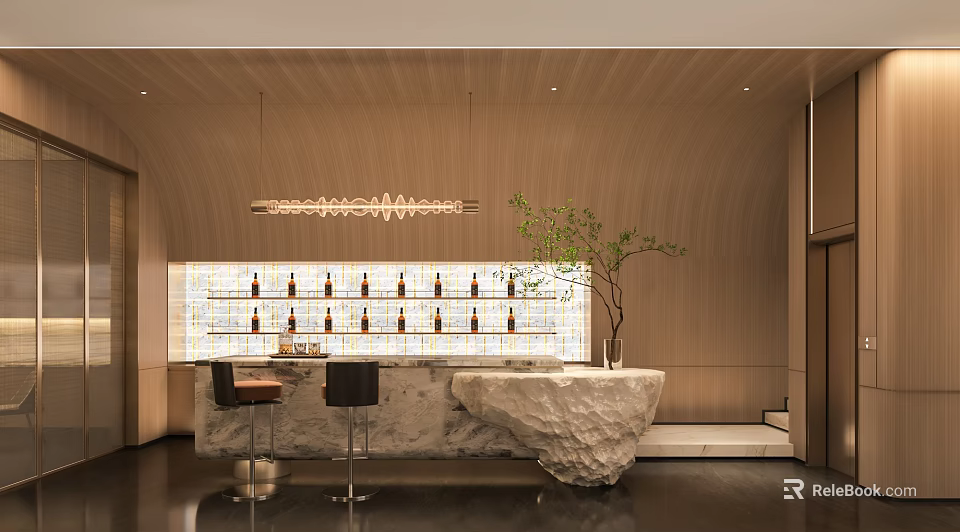 Modern Bar Area With Wooden Walls Wine Bottles Marble Countertop Bar Stools And Plant 3d model 