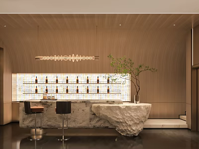 Modern Bar Area With Wooden Walls Wine Bottles Marble Countertop Bar Stools And Plant 3d model
