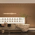 Modern Bar Area With Wooden Walls Wine Bottles Marble Countertop Bar Stools And Plant