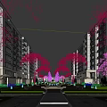 Residential Landscape With Lush Trees Fountains And Flowers Between Buildings