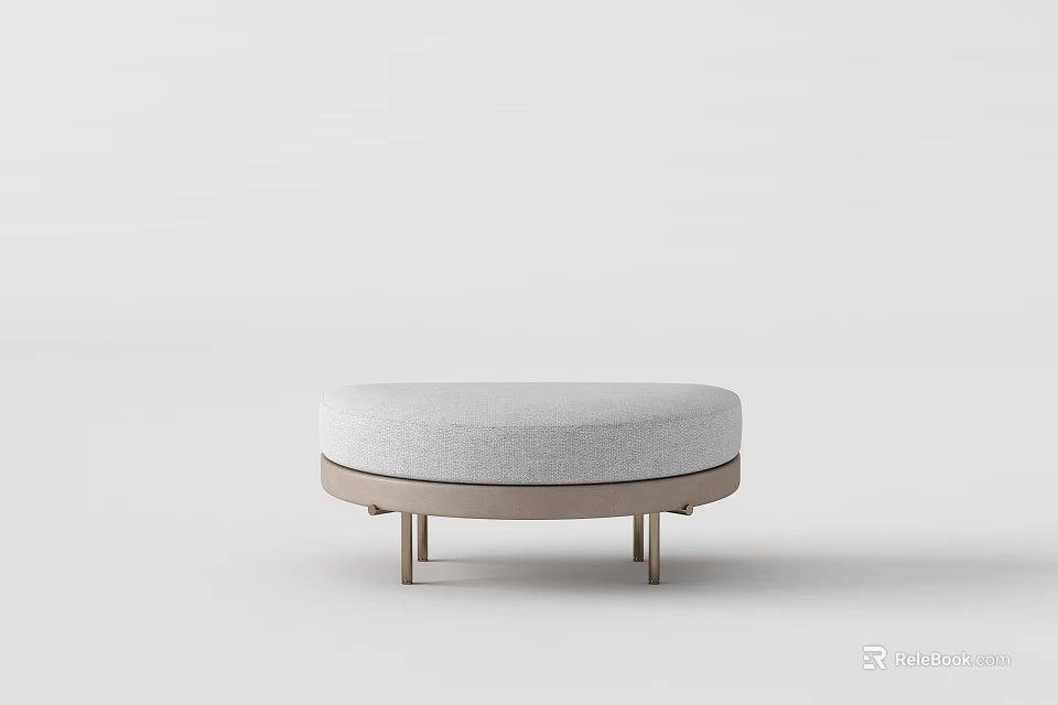 Round Light Gray Fabric Ottoman With Modern Metal Base For Living Room 3d model 