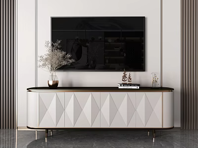 Modern TV Stand With Geometric Pattern White Black Design And Gold Legs With Decorative Vase 3d model