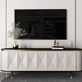 Modern TV Stand With Geometric Pattern White Black Design And Gold Legs With Decorative Vase