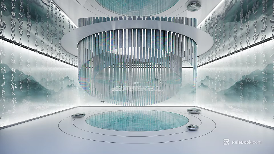 Modern Exhibition Hall Interior With Circular Water Pool Vertical Striped Installation And Landscape Walls 3d model 