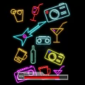 Vibrant Neon Decorative Lights with Wine Glass Camera Guitar Cassette and Martini Glass Designs