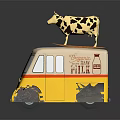 Yellow Van With Cow Model On Top And Milk Silk Text Design