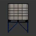 Industrial Square Metal Frame Container With Blue Stand Holding Granular Material And Side Panel