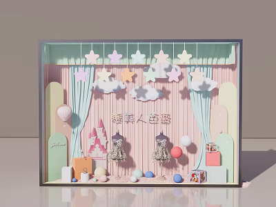 Sweet Themed Window Display With Pink Light Blue Stars Clouds Castle Toys And Gifts 3d model