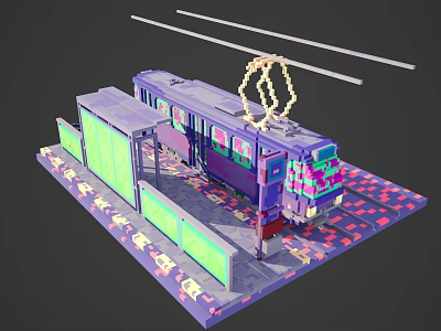 Purple Green Tram At Station Platform With Overhead Wires And Patterned Floor 3d model