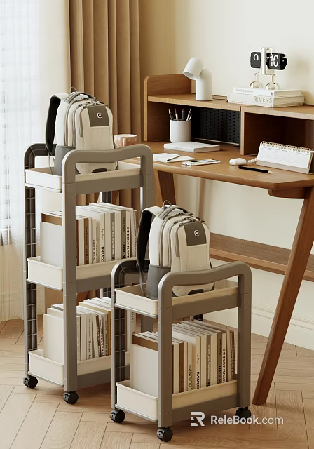 Modern Gray Shelving Unit With Books Backpack And Stationery Next To Wooden Desk 3d model 