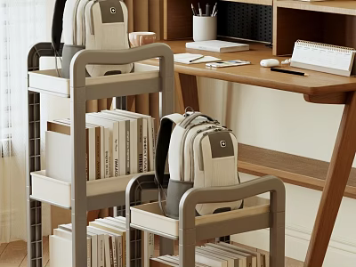 Modern Gray Shelving Unit With Books Backpack And Stationery Next To Wooden Desk 3d model