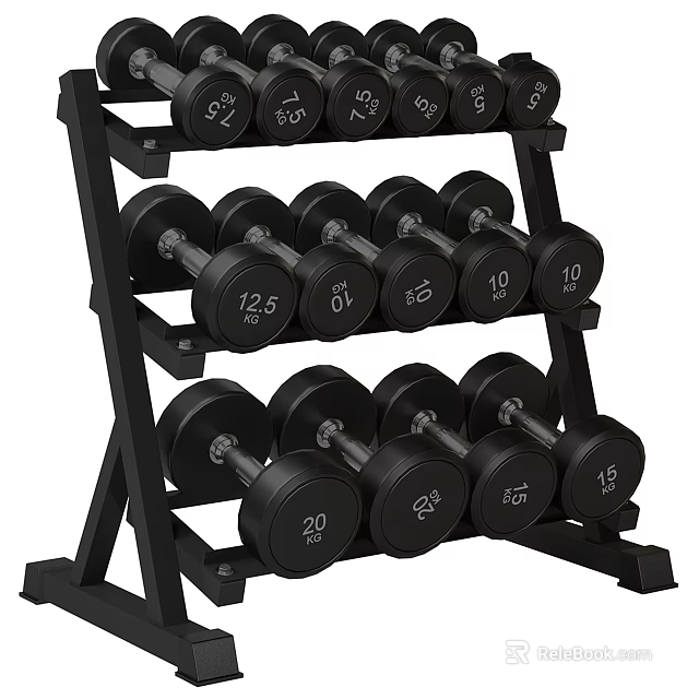 Black Dumbbell Rack With Multiple Weights For Gym Fitness Equipment 3d model 