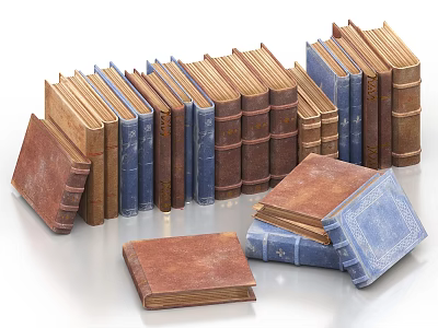 Vintage Leather Bound Books With Colorful Covers Stacked And Standing 3d model