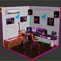 Gaming Room Interior With Multiple Monitor Setup Neon Lights Guitar Speakers And Patterned Rug