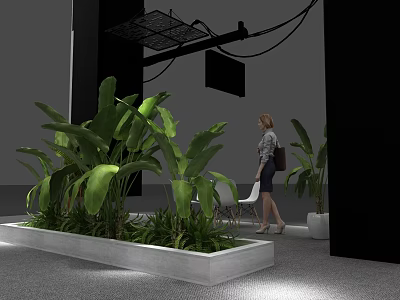 Large Green Potted Plants In Concrete Planter For Modern Indoor Space With Person 3d model