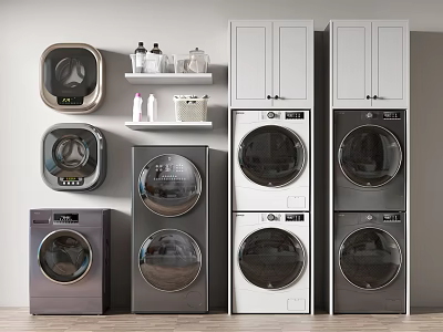 Front Loading Washing Machines In Modern Design With Gray And White Cabinets 3d model