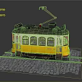 Vintage Yellow Tram With Red Trolley Pole On Stone Paved Rail Tracks