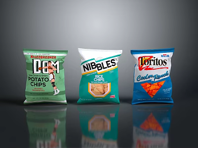Assorted Snack Packages Including BCM Potato Chips Nibbles Salt Vinegar and Doritos Cool Ranch 3d model