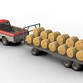 Red Pickup Truck Pulling Trailer Loaded With Large Hay Bales 3d model