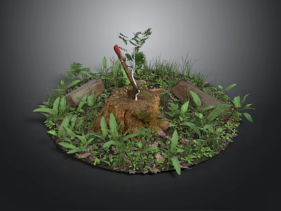 Rustic Tree Stump Scene With Axe Green Plants Grass And Stones 3d model