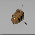 Wooden Barrel Shaped Weapon With Rope Wrapped Structure Spear Paddle And Mini Cabin Design