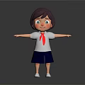 Cute 3D Girl Character With Purple Hair Blue Eyes Red Tie And Open Arms Standing