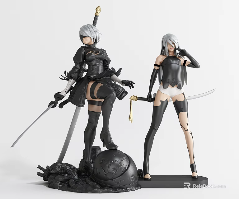 Two Anime Style Figurines With Swords And Black Outfits 3d model 
