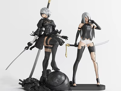 Two Anime Style Figurines With Swords And Black Outfits 3d model