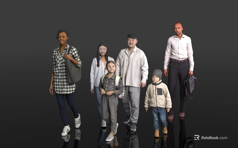 Diverse Group of Multi Generational People Standing Together Casual Clothing Jackets Backpacks Briefcase Gray Background 3d model 