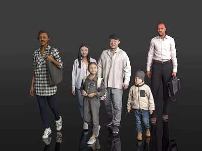 Diverse Group of Multi Generational People Standing Together Casual Clothing Jackets Backpacks Briefcase Gray Background 3d model