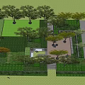 Serene Courtyard Garden Design With Lush Trees Paved Area Seating And Trimmed Hedges